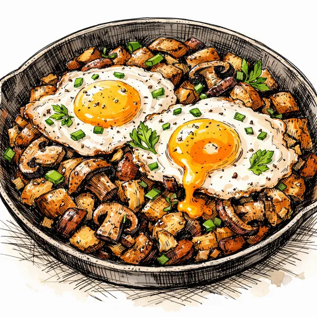 Crispy Mushroom & Gruyère Skillet Hash with Dippy Eggs
