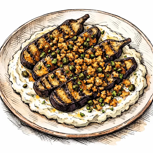 Smoky High-Heat Eggplant Planks with Whipped Preserved-Lemon Feta & Crispy Caper–Rye Crumbs
