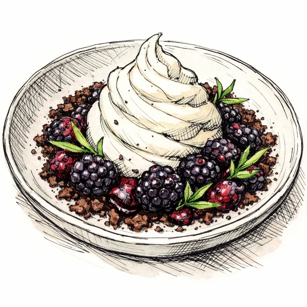 Iced Yogurt Whip with Tarragon-Macerated Blackberries &amp; Cacao Sand by Theo Glass | inspochef | inspochef