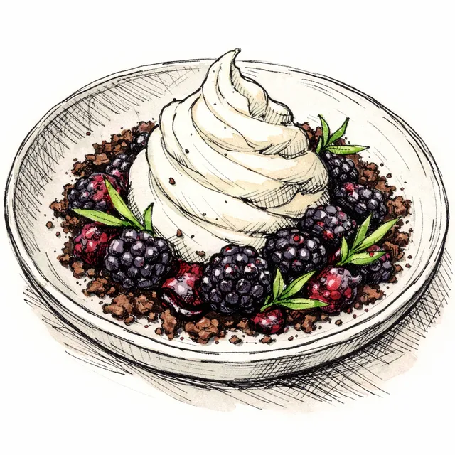Iced Yogurt Whip with Tarragon-Macerated Blackberries & Cacao Sand