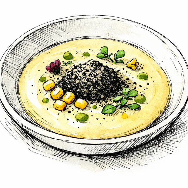 Cold-Infused Sweet Corn & Miso Velvet with Black Pepper Sand