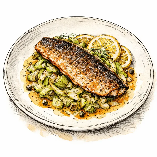Crispy Pan-Roasted Branzino with Melted Leeks, Fennel & Meyer Lemon Beurre Noisette