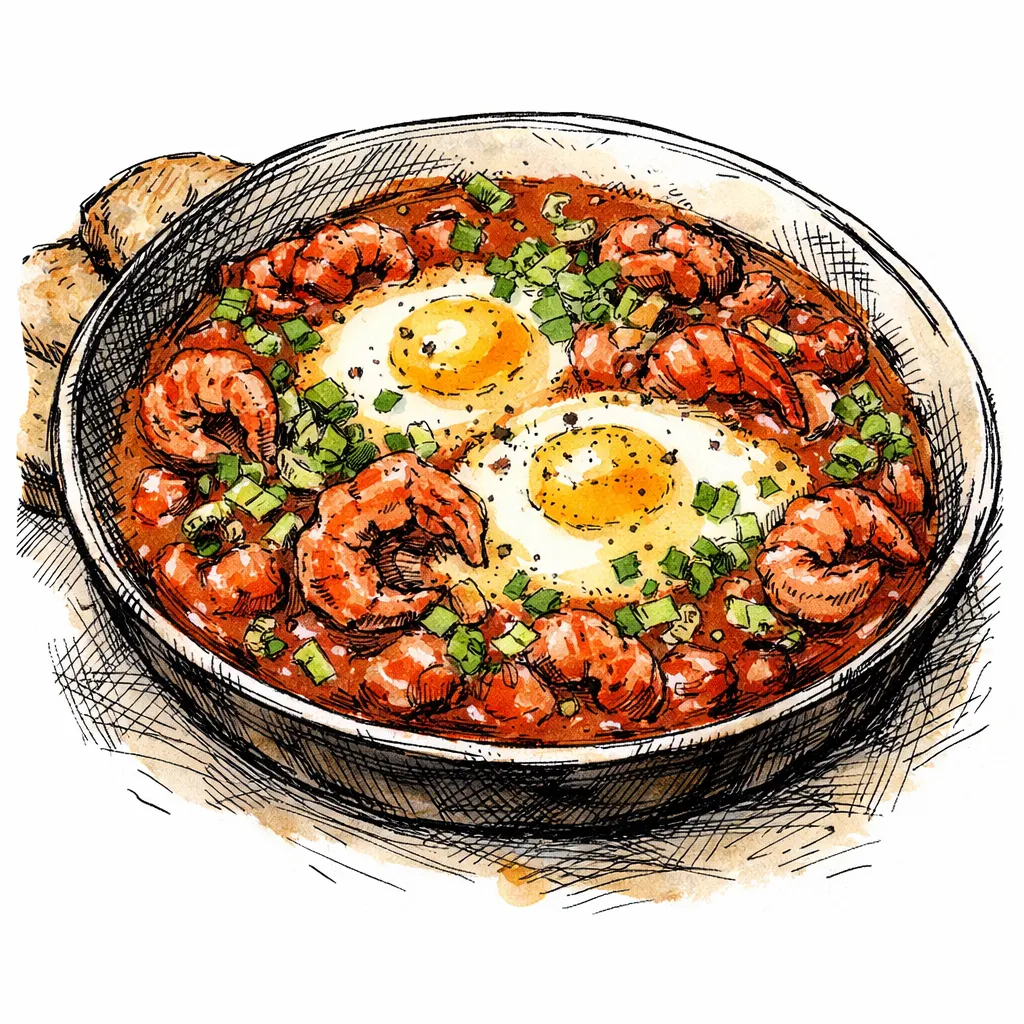 Cast-Iron Baked Eggs in Crawfish &amp; Green Garlic Tomato Gravy by Marcus Stone | inspochef | inspochef