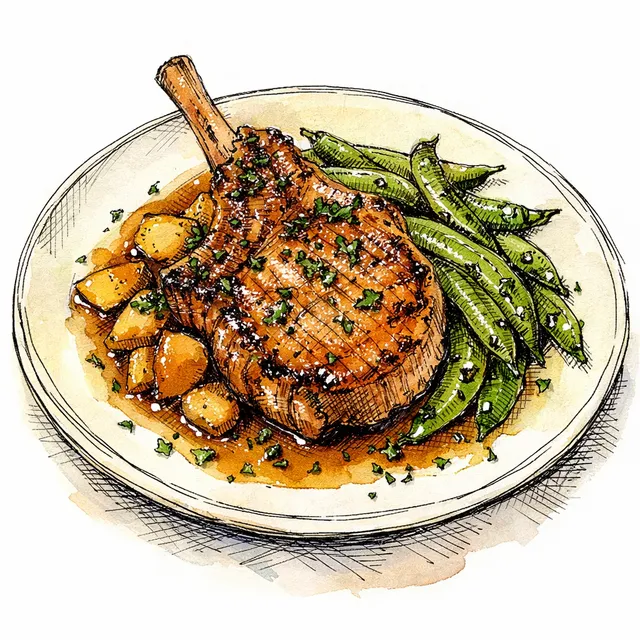 Pan-Roasted Bone-In Pork Chops with Hard Cider Pan Jus & Blistered Sugar Snaps