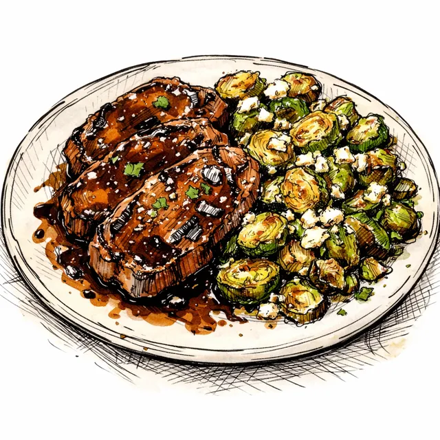 Sheet-Pan Sticky Balsamic Pork Chops & Crispy Feta Sprouts
