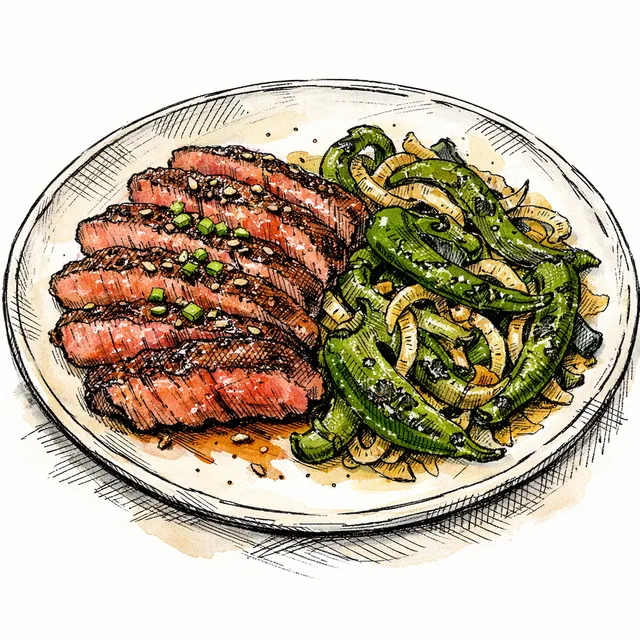 Wok-Seared Shio Koji Flank Steak with Poblano-Shishito Rajas