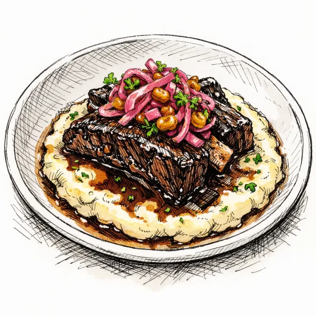 Saturday Night Short Ribs with Cocoa–Coffee Pan Reduction, Creamy Parsnip Grits & Pickled Red Onion–Raisin Relish