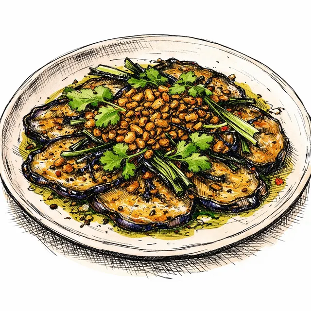 Fire-Roasted Eggplant Carpaccio with Burnt Scallion Oil & Spiced Lentil Crunch