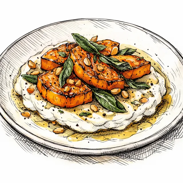 The Magenta Loggia: Gentle Pan-Seared Butternut Squash with Whipped Ricotta and Vermouth Sage Butter