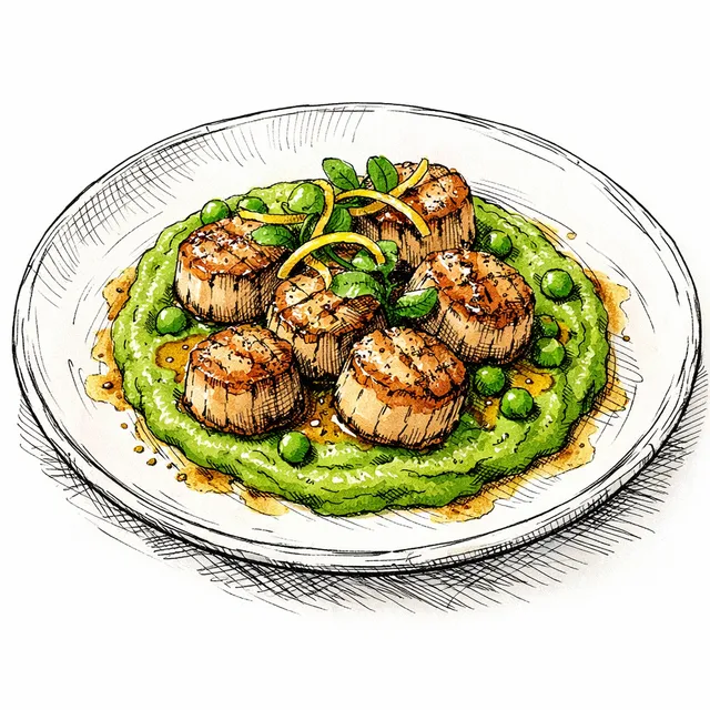 Quick-Seared Scallops with Sweet Pea-Avocado Purée & Meyer Lemon Beurre Noisette