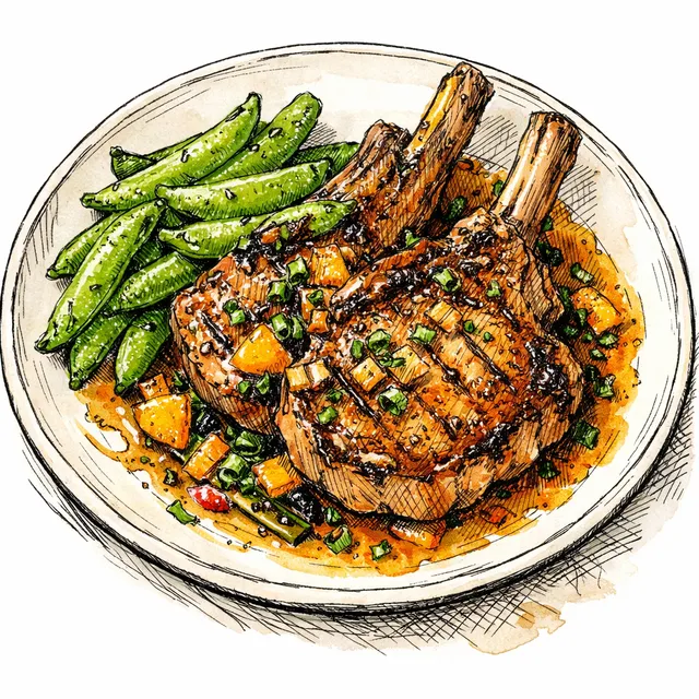 Skillet-Seared Bone-In Pork Chops with Charred Scallion–Orange Pan Sauce + Snap Peas