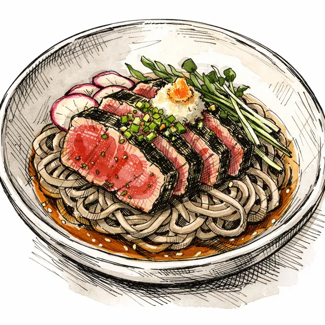 Kobujime Tuna Tataki with Morita-Yuzu Ponzu over Cold Soba