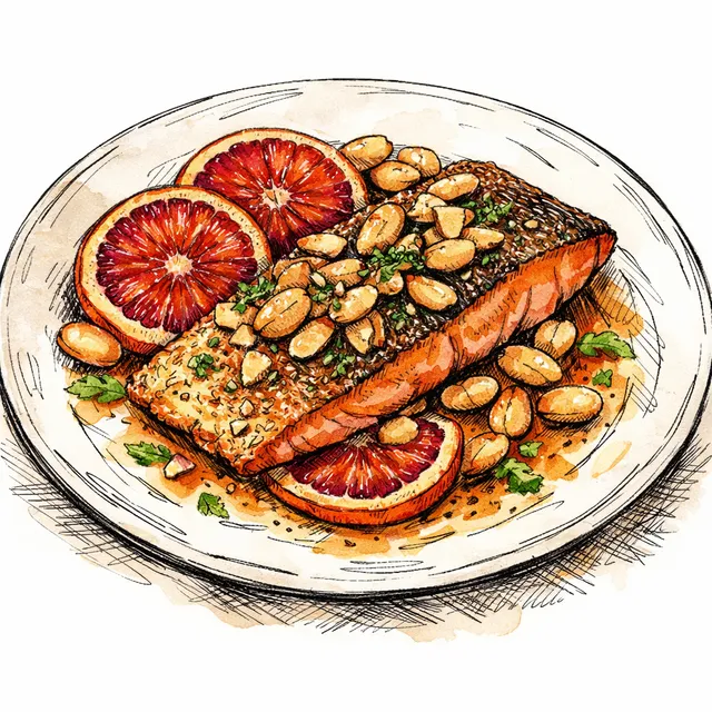 Pan-Seared Steelhead Trout Amandine with Blood Orange & Marcona Almonds