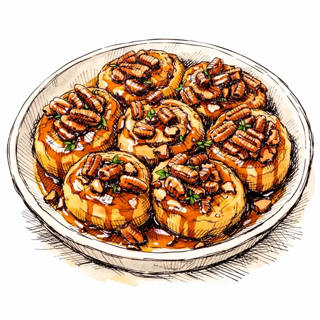 Cast-Iron Sweet Potato Sticky Biscuit Rolls with Sorghum Caramel & Toasted Pecans