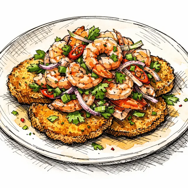 Cast-Iron Fried Green Tomatoes with Fish Sauce-Spiked Gulf Shrimp Salad
