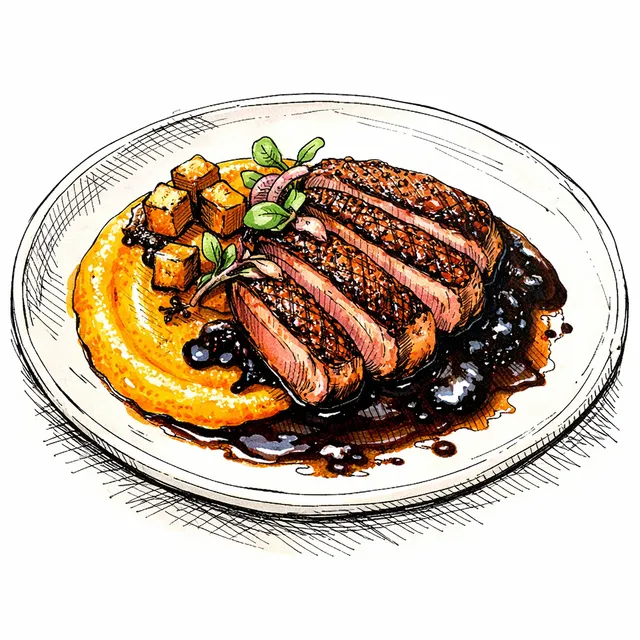 Pan-Roasted Duck Breast with Aji Panca-Black Garlic Jus & Kabocha-Amarillo Purée