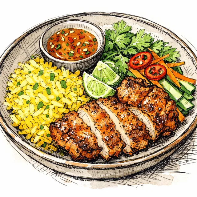 Crispy Shio Koji Chicken Thigh Bowl with Coconut-Turmeric Rice & Yuzu Kosho Nuoc Cham