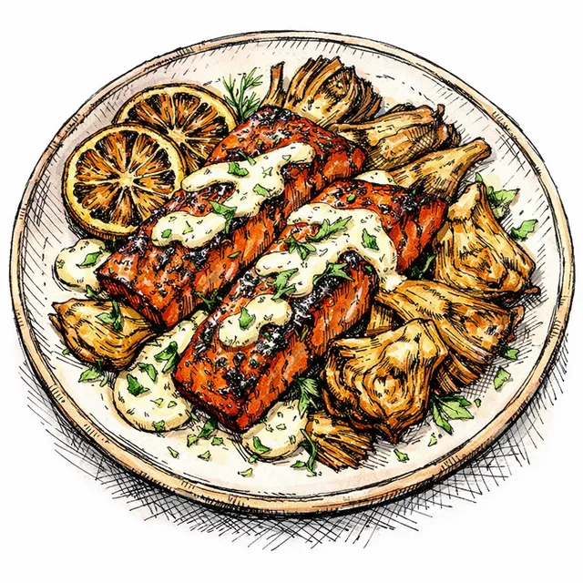 High-Heat Harissa–Coriander Salmon Traybake with Charred Lemons, Crispy Artichokes & a Showy Tahini–Dill Emulsion