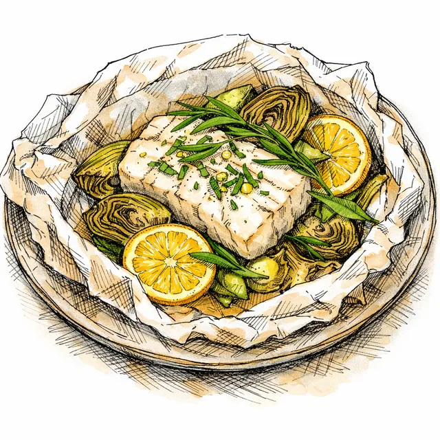 Pacific Cod & Baby Artichoke en Papillote with Meyer Lemon & Tarragon