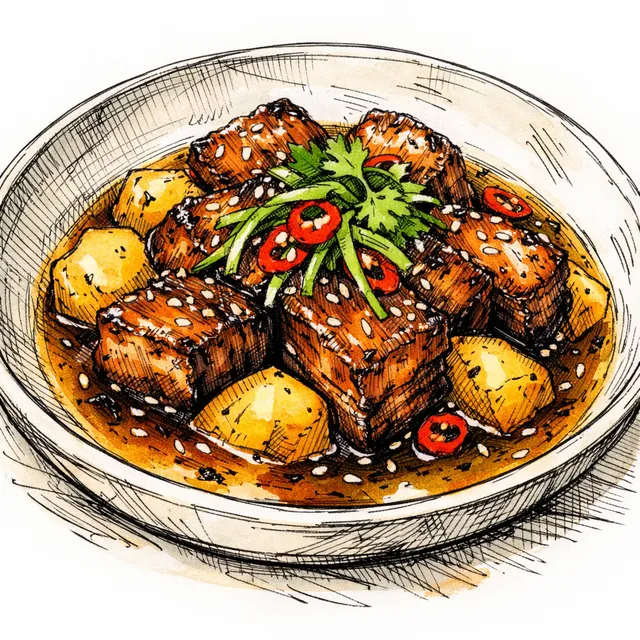 Electric Umami: Aji Amarillo & Kurozu Braised Pork Belly