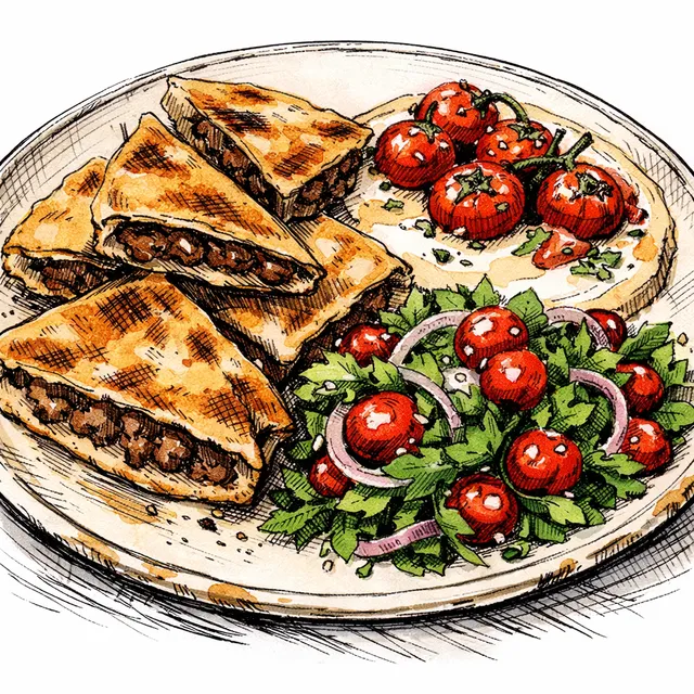 Crispy Levantine Lamb Arayes with Blistered Tomato Tahini & Sour Cherry Herb Salad