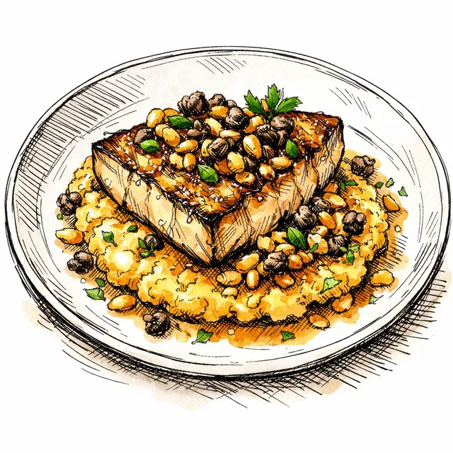 The Tortona Loggia: Gentle Pan-Seared Swordfish with Pine Nut Agrodolce