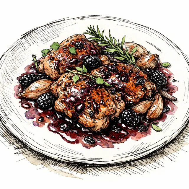 The Palestro Pavilion: Gentle Pan-Seared Chicken Thighs with Melted Shallots and Nebbiolo-Blackberry Glaze