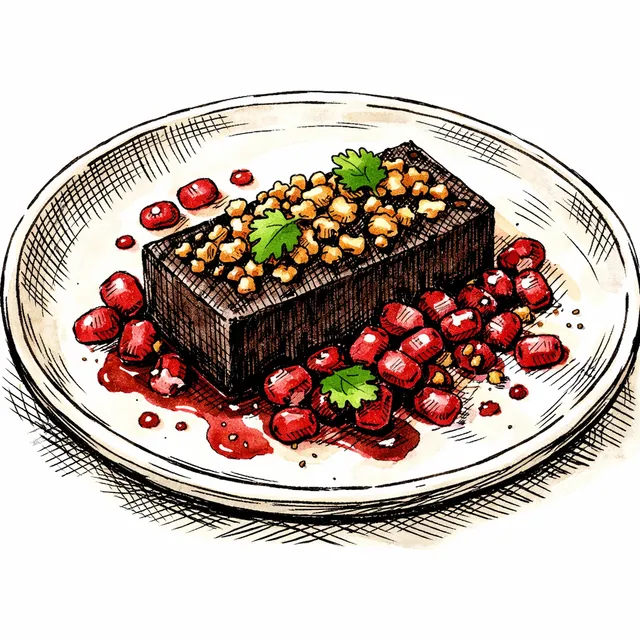 Cold-Infused Coriander Dark Chocolate Pavé with Tart Pomegranate & Salted Buckwheat Crunch
