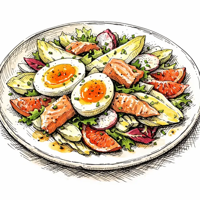 Bistro Smoked Trout & Crisp Endive Salade with Jammy Eggs & Cara Cara Vinaigrette
