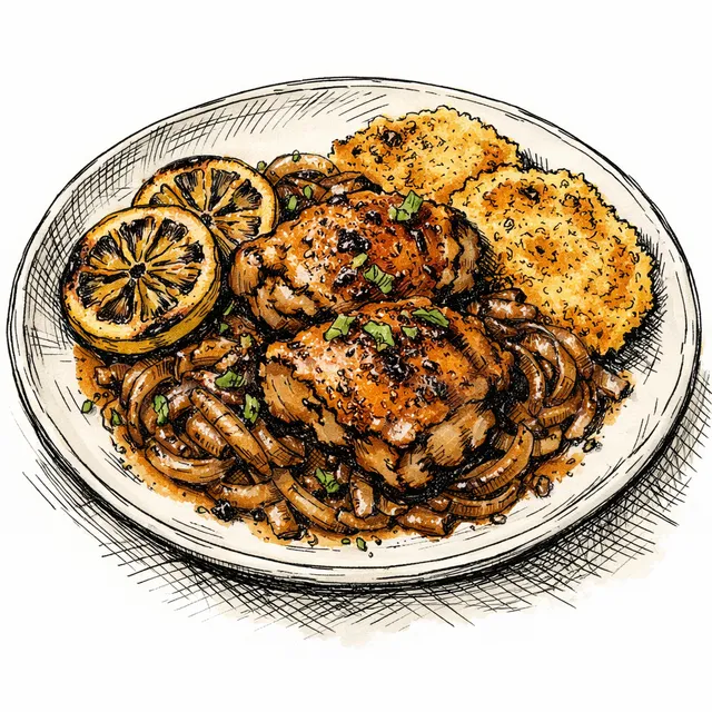 Wednesday Skillet Chicken Thighs with Sorghum–Soy Braised Onions, Charred Lemon & Crispy Cornmeal Schmears