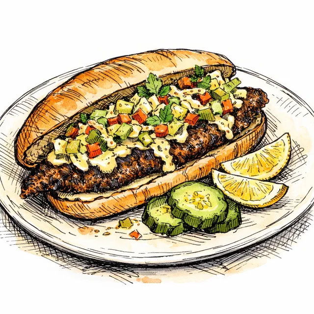 Cast-Iron Blackened Catfish Po' Boy with Fish-Sauce Remoulade & Chow-Chow Slaw