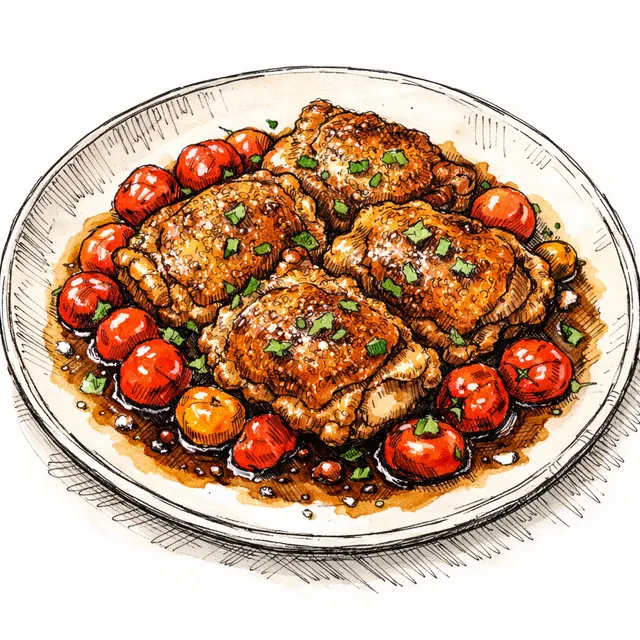 One-Pan Crispy Chicken Thighs with Burst Tomato & Balsamic-Honey Pan Sauce