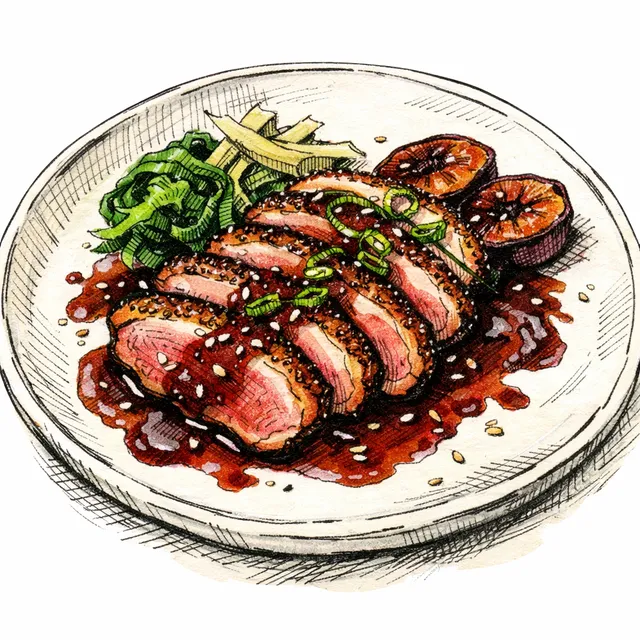 Shio Koji Flash-Cured Duck Breast with Aji Panca-Plum Glaze