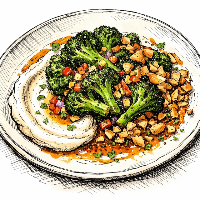 Blistered Broccoli “Confetti” with Warm Chili–Cumin Oil, Whipped Tahini–Yogurt Swoosh & Crispy Pita–Almond Crumble