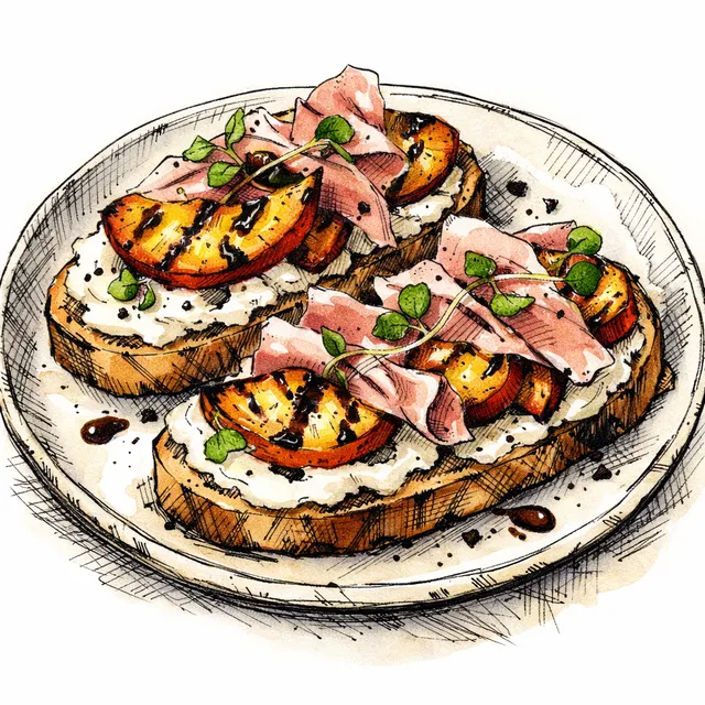 Charred Peach & Shaved Country Ham Tartines with Whipped Buttermilk Ricotta