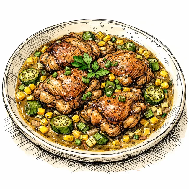 Cast-Iron Smothered Chicken Thighs with Sweet Corn & Okra Pot Likker Gravy