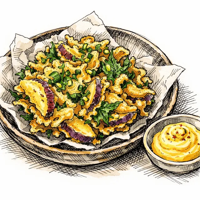 Satsumaimo & Shiso Kakiage with Aji Amarillo Kewpie
