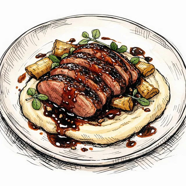 Pasilla & Red Miso-Glazed Duck Breast with Brown Butter Parsnip Silk