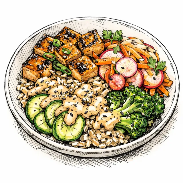 Torch-Kissed Tofu Crunch Bowl with Quick-Pickled Citrus Carrot–Radish and Tahini–Sesame Miso Dressing
