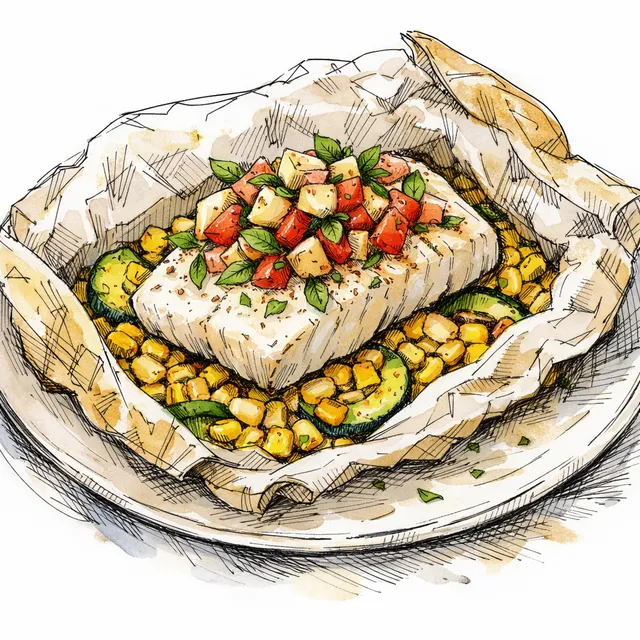 Summer Corn & Halibut en Papillote with White Nectarine-Basil Relish