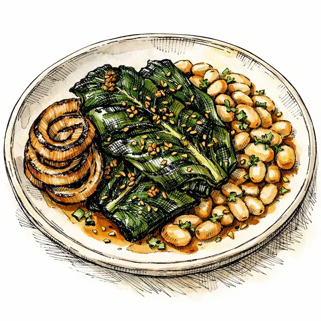 Cast-Iron Seared Collard “Steaks” with Vinegar-Braised White Beans, Charred Onion & Benne Crunch
