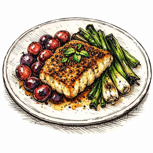 Urfa-Spiced Halibut with High-Heat Blistered Grapes & Charred Scallions