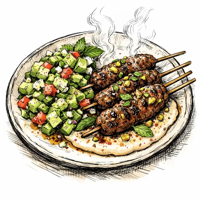 Sizzling Pistachio-Mint Lamb Kofta Skewers with Smashed Cucumber Mezze Salad
