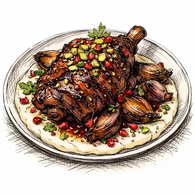 Fire-Roasted Baharat Lamb Shoulder with Charred Shallots, Pomegranate Glaze & Sizzling Pistachio Crunch over Velvet Tahini