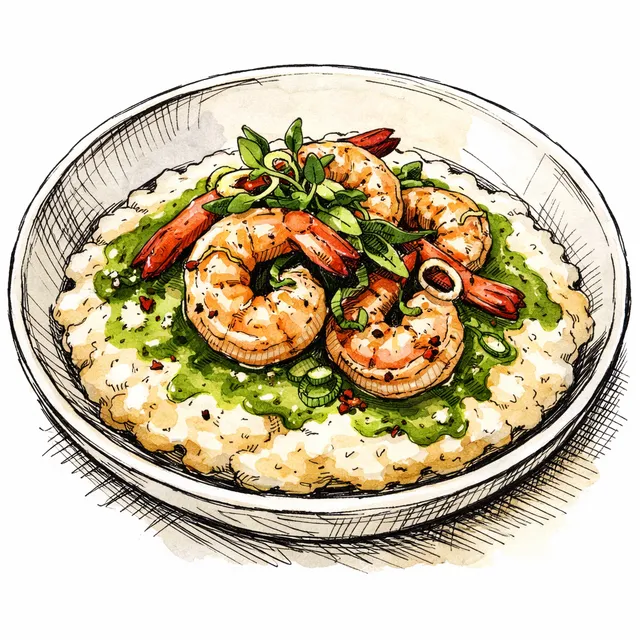 Lowcountry Gulf Shrimp & Spring Onion Emulsion over Stone-Ground Grits