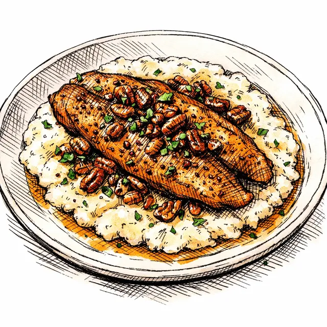 Cast-Iron Seared Catfish with Spiced Pecan Brown Butter & Stone-Ground Grits