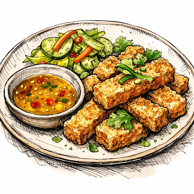 Crispy Tofu “Karaage” Sticks with Ginger–Celery Quick Pickles & Sudachi-Style Citrus–Chili Dip