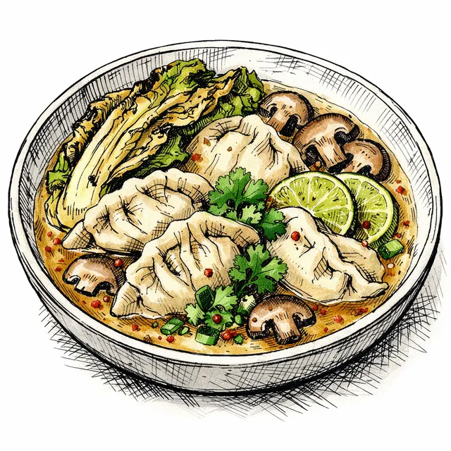 Brothy Coconut-Ginger Dumpling Soup with Charred Napa, Mushrooms & Chili-Crisp Lime