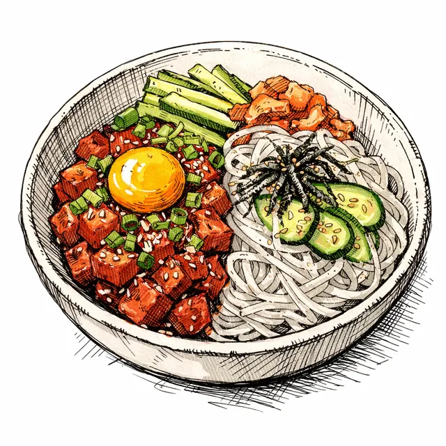 Ahi Tuna "Yukhoe" Bowl with Gochujang-Yuzu Cure & Cold Glass Noodles