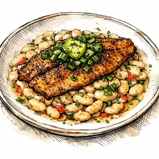 Cast-Iron Seared Catfish with Creamy Stewed Butter Beans & Charred Scallion Butter